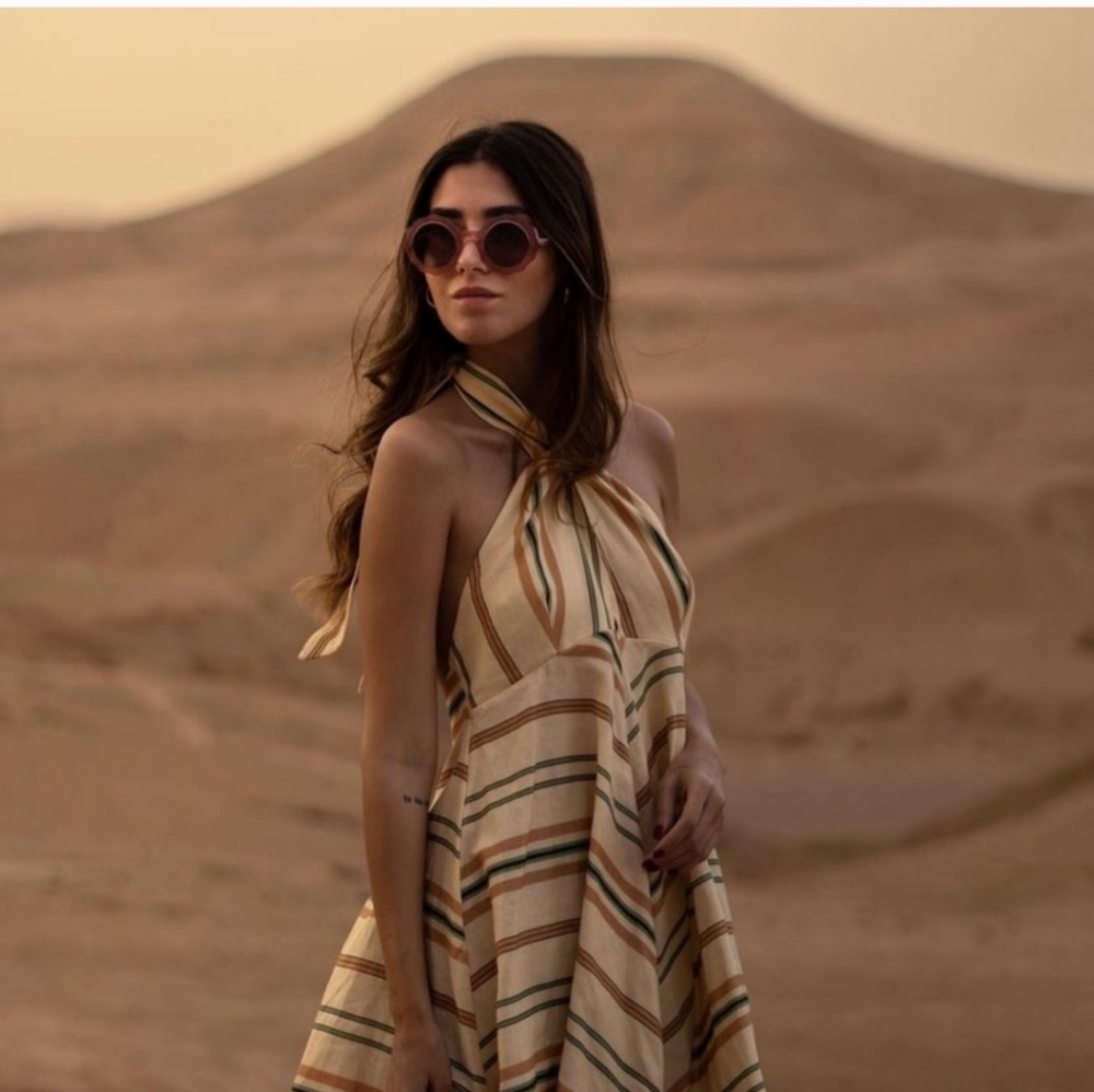 Striped Halter Neck Sundress in Beige and Tan